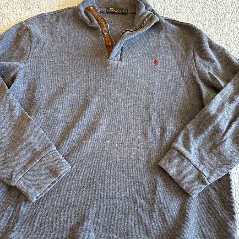 Polo Ralph Lauren Mens Large Sweater 1/4 Zip  Blue Button Leather Cotton - Picture 2 of 10